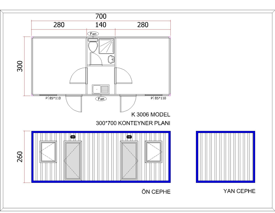 YENİ 3x7 m Çift Oda + Çift Kapı + Mutfak WC